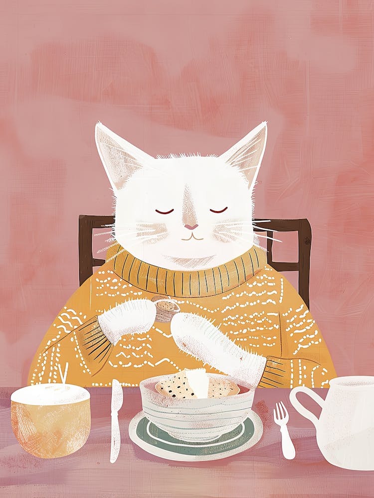 White And Tan Cat Having Breakfast Folk Illustration 1
