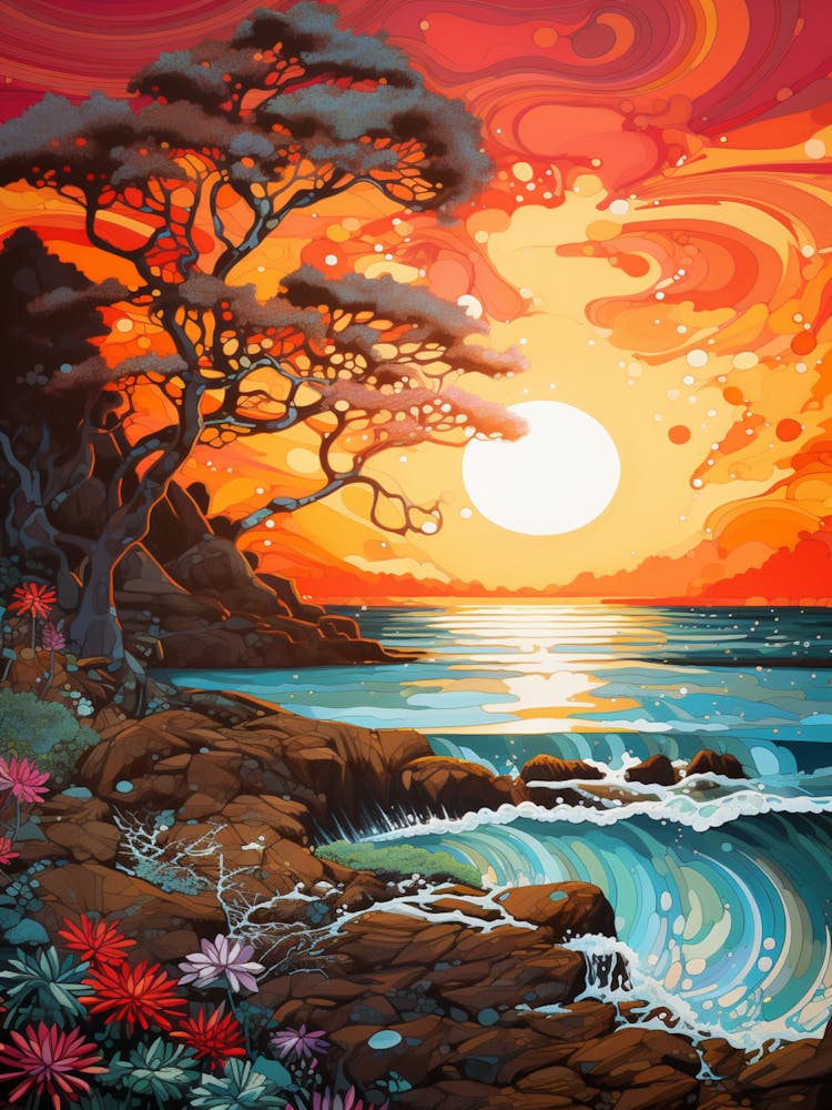 Coral Beach Australia At Sunset, Vibrant Painting 14