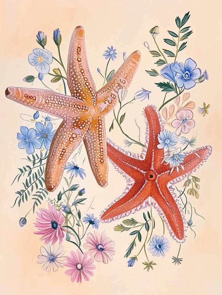 Folksy Floral Animal Drawing Starfish