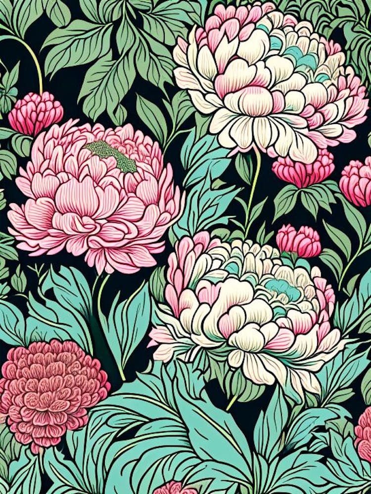 Mass Plantings Of Peonies 2 Colourful Drawing