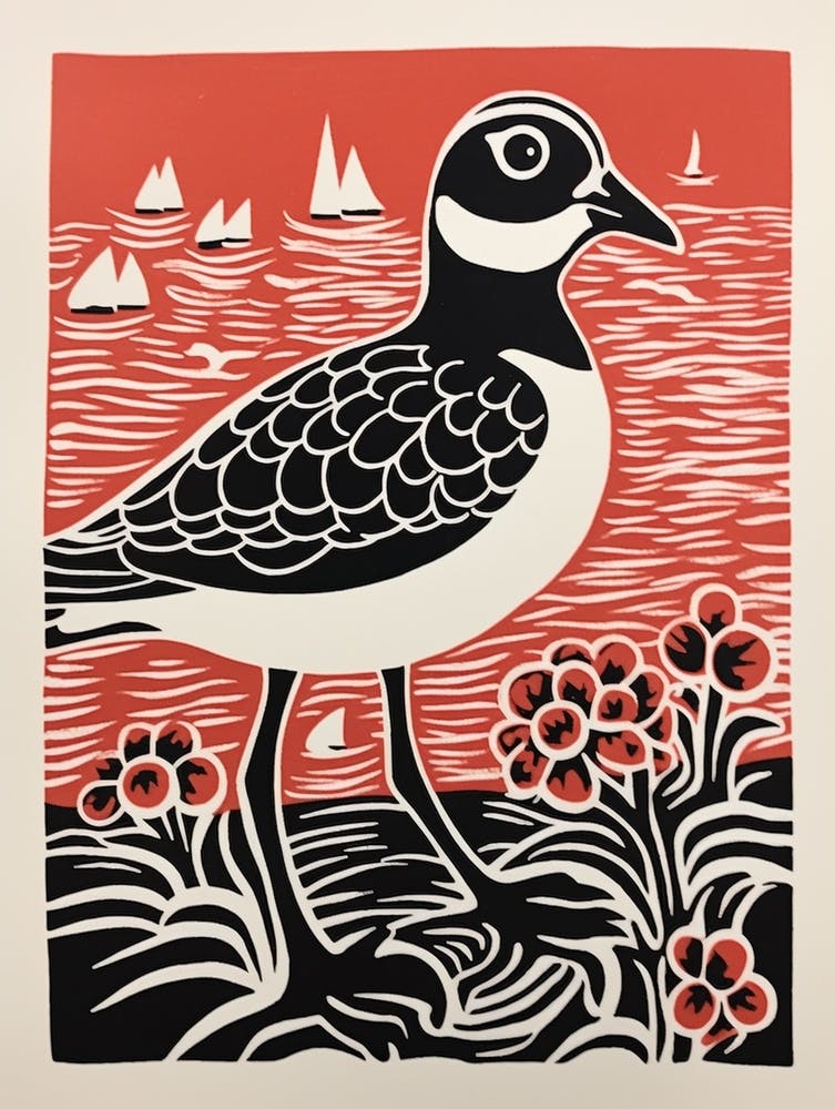 Vintage Bird Linocut Grey Plover 1