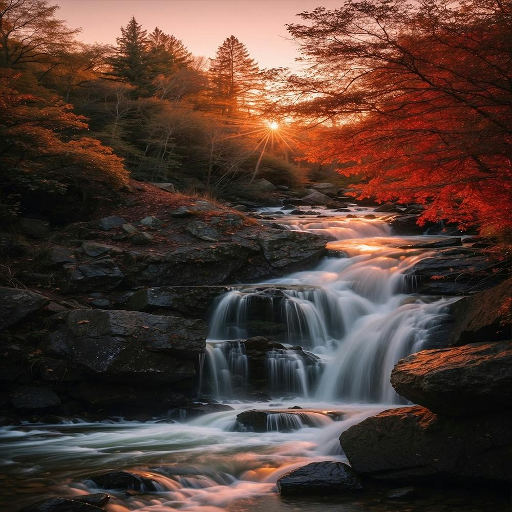 Sonnenuntergang über einem Wasserfall