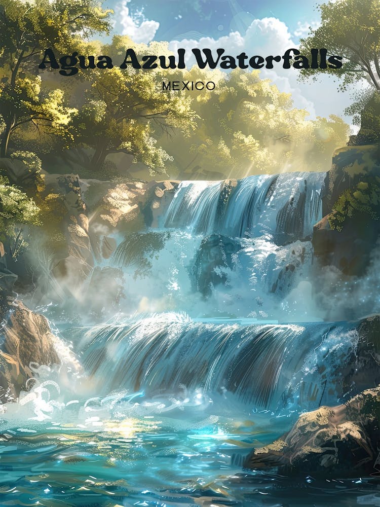 Agua Azul Waterfalls Tranquil Digital Travel Art