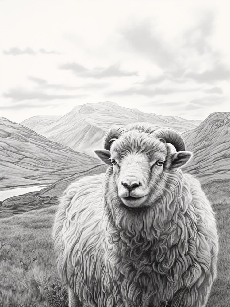 Illustration en noir et blanc d'un mouton des Highlands avec la vallée au loin 3