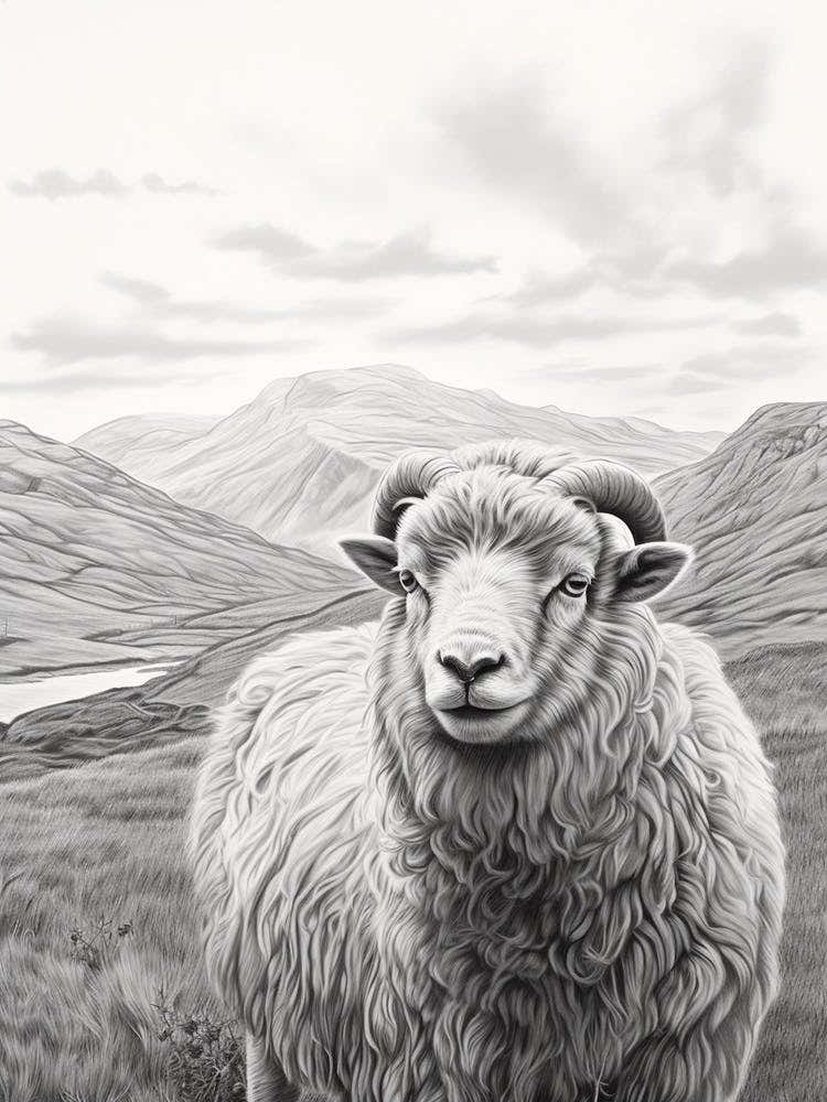 Black & White Illustration Of Highland Sheep With The Valley In The Distance 3