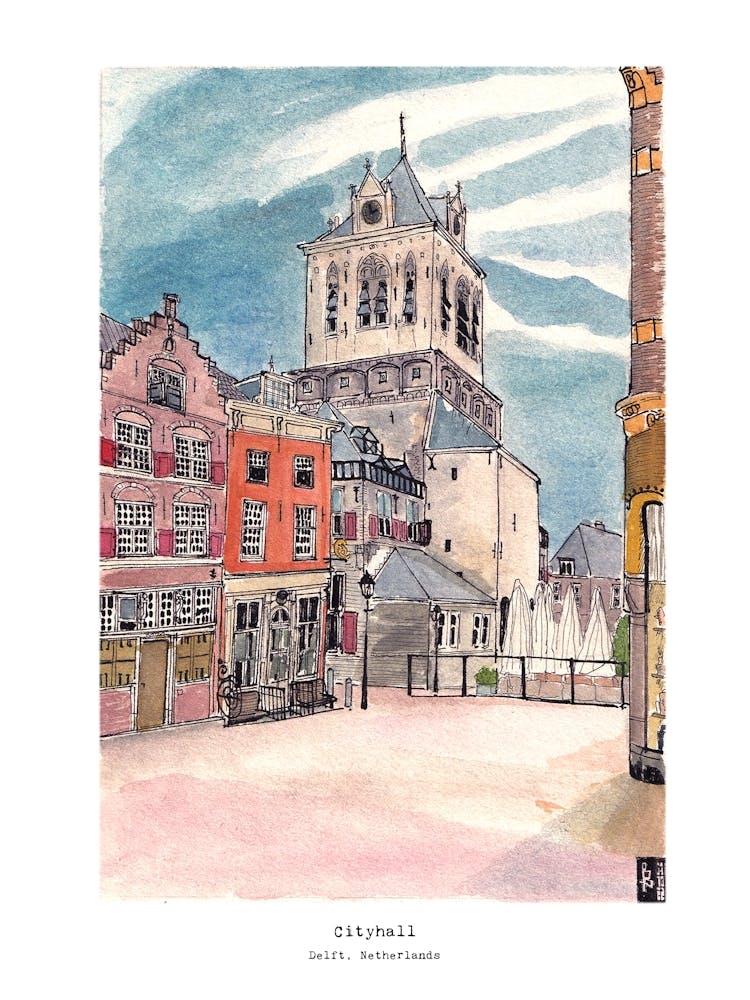 City Hall Delft Netherlands - Watercolor Cityscape Sketch - Dutch Travel Wall Art & Gifts
