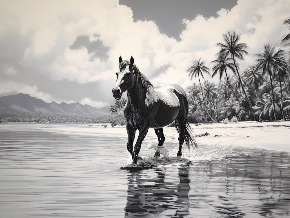 A Horse Oil Painting In Matira Beach, Bora Bora, Landscape 1