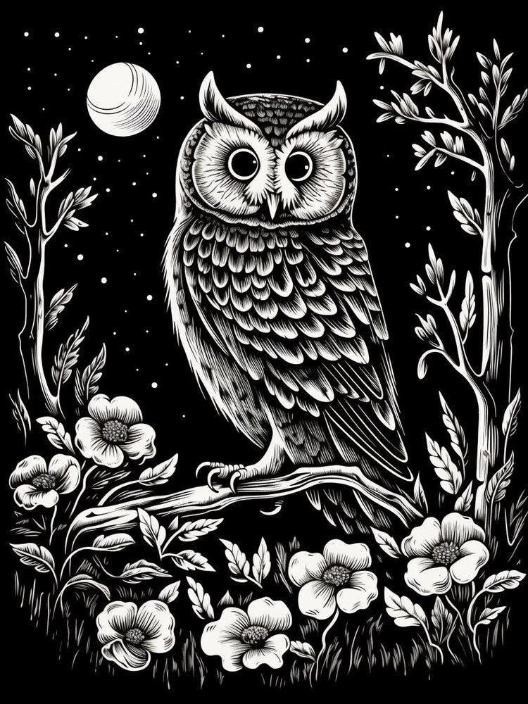 B&W Bird Linocut Eastern Screech Owl