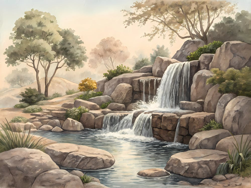 Retro Vintage Style A Gentle Waterfall Cascading D