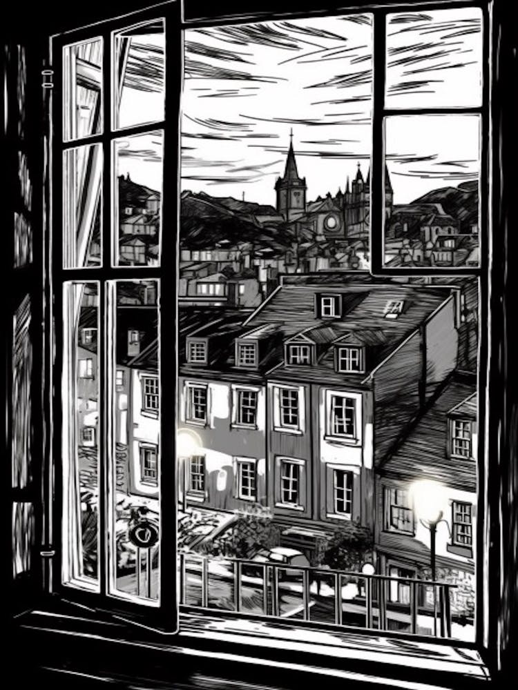 Window View Of Edinburgh Scotland   Black And White Colouring Pages Line Art 1