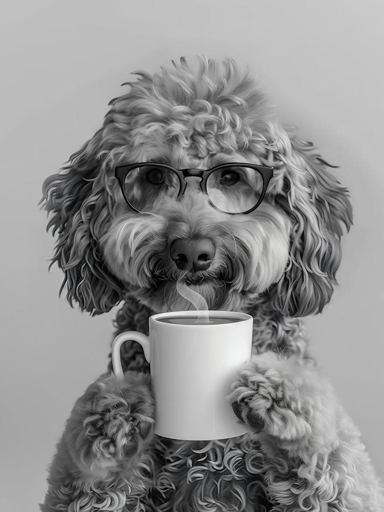 Goldendoodle And Coffee Wall Art, Black And White Print, Coffee Lover Print, Dog Gift, Funny Dog Poster, Coffee Bar Art, Kitchen Wall Decor