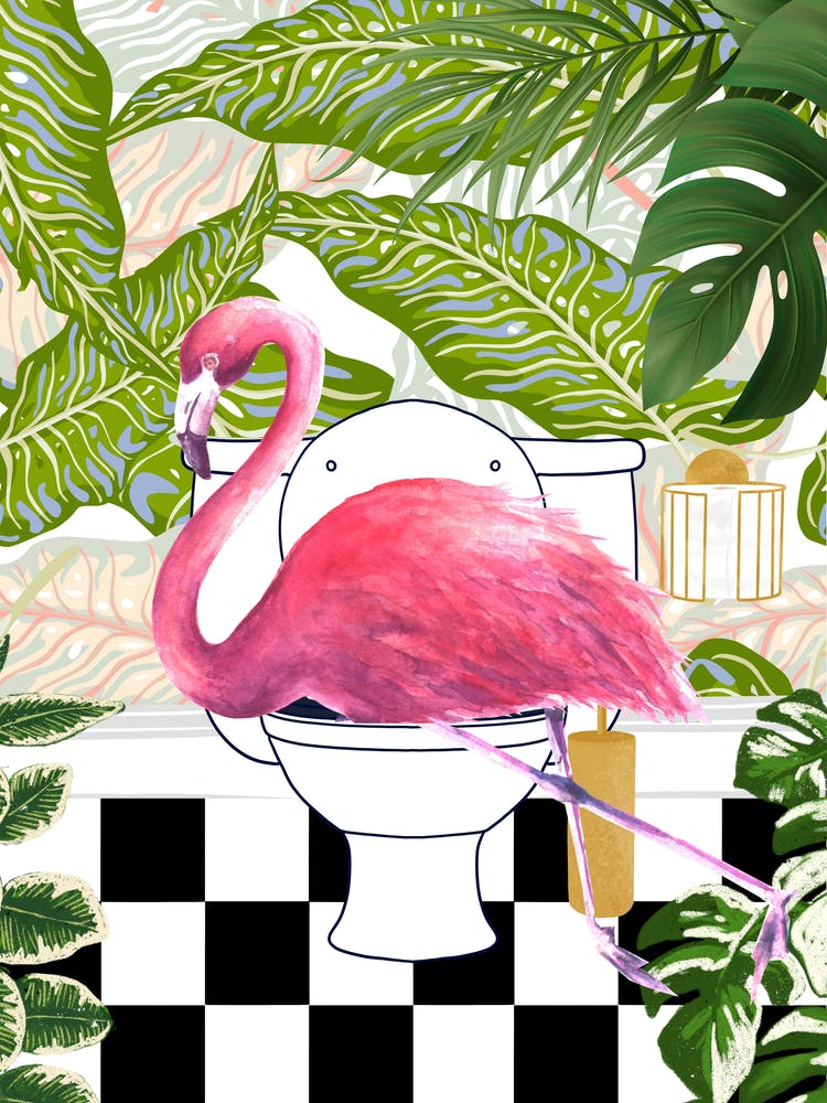 Flamingo on Toilet Funny Animal Bathroom