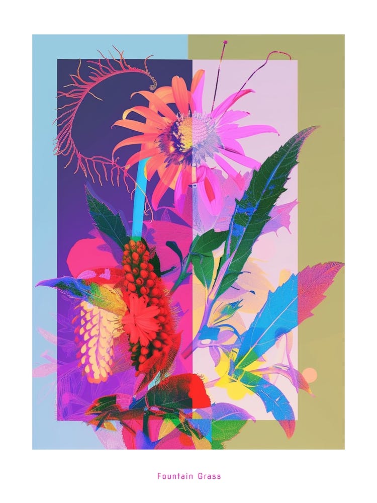 Lampenputzergras 4 Neon Blumen Collage Poster