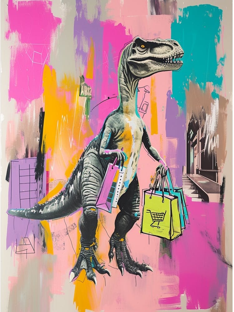 Dinosaure Faisant du Shopping Style Graffiti Rose Violet 3