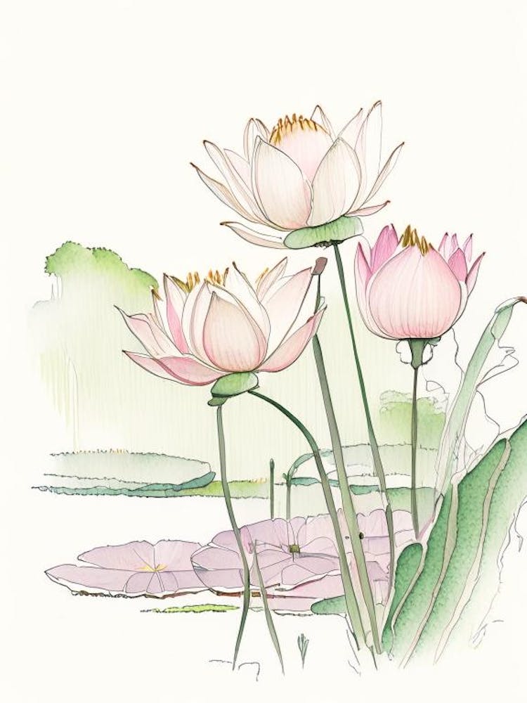 Lotus Flowers In Park Pencil Illustration 8