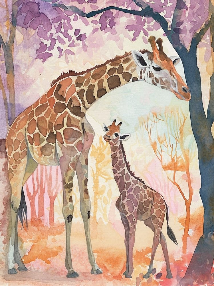 Giraffe & Calf Watercolour Style
