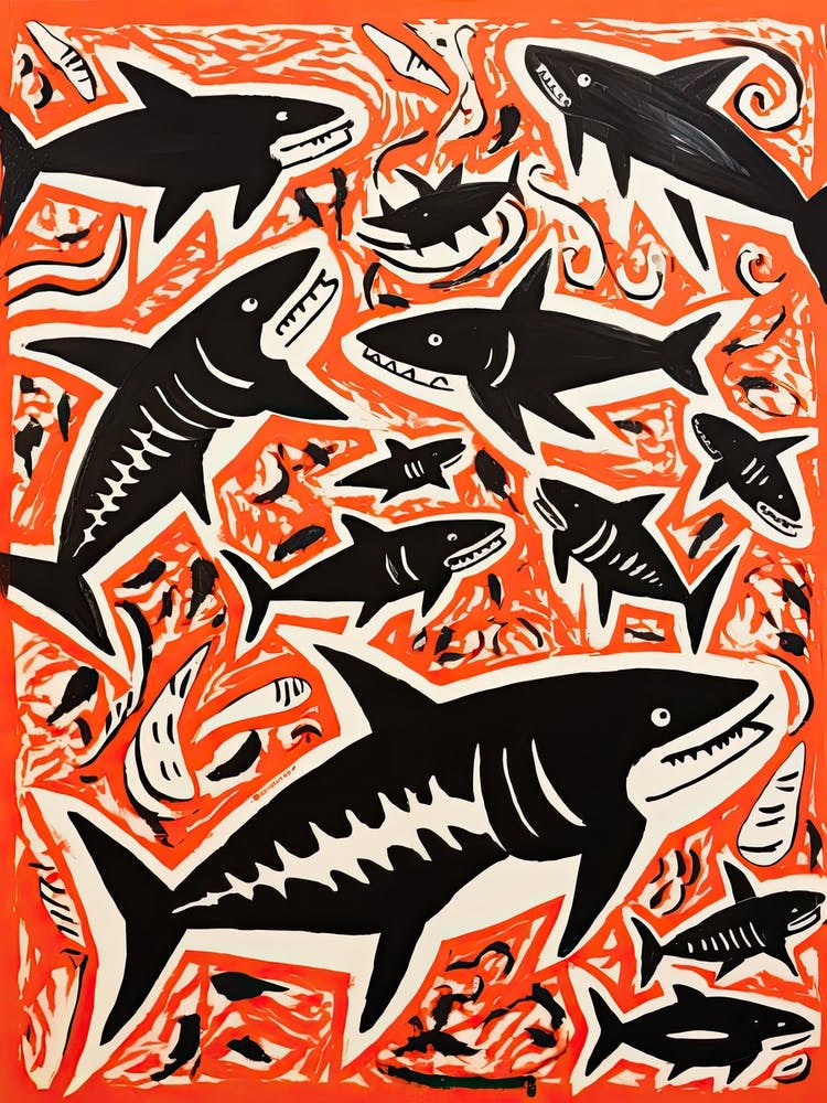 Shark, Woodblock Animal  Drawing 3