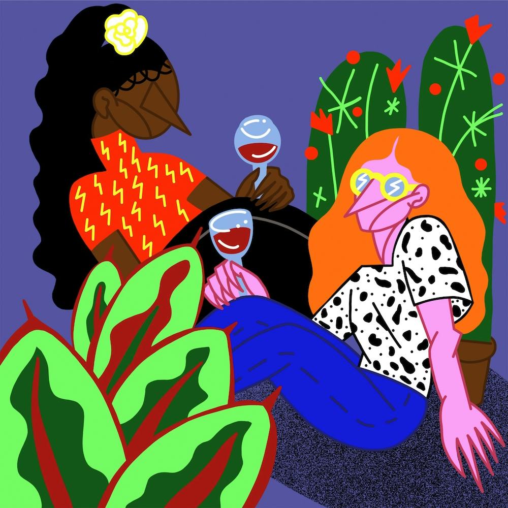Women, Flowers, Wine Square