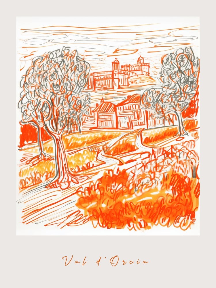 Val D'Orcia Italy Orange Drawing Poster