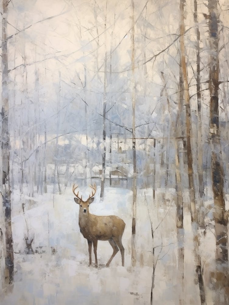 Vintage Winter Animal Painting Elk