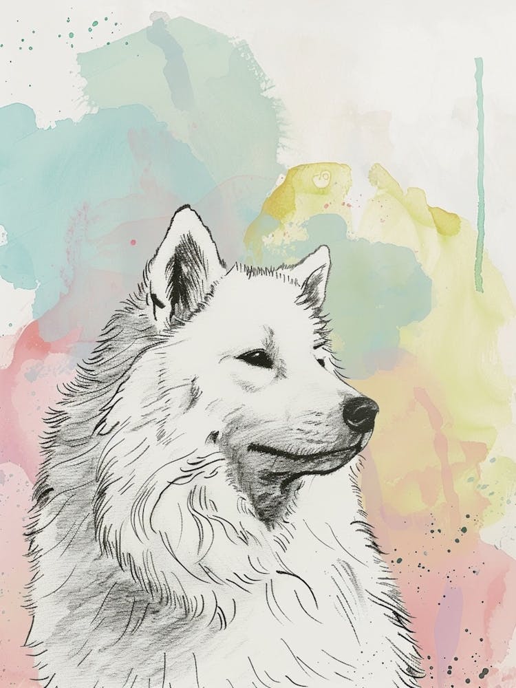 Chien Samoyède Illustration à la Ligne Pastel et Aquarelle 2