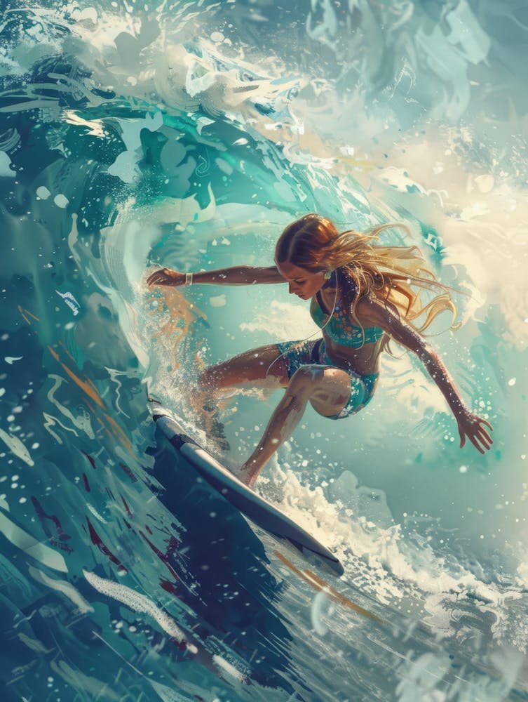 Girl In The Sea On The Waves Riding A Surfboard Painting In Pop Art Style 3