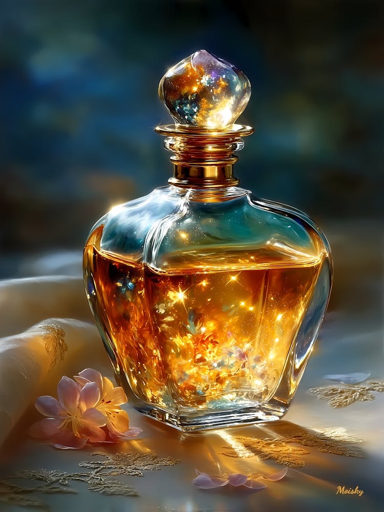 Élixir de l'Heure Dorée, Art de Bouteille de Parfum Magique, lumières fantastiques