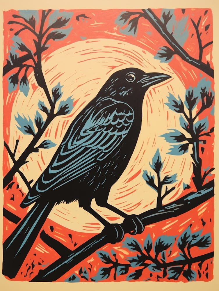 Vintage Bird Linocut Crow 4