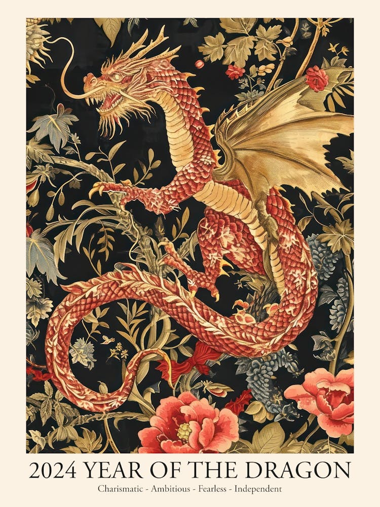 Lunar Year Of The Dragon 2024 Dragon Art Chinese Zodiac Flowers Gold Red