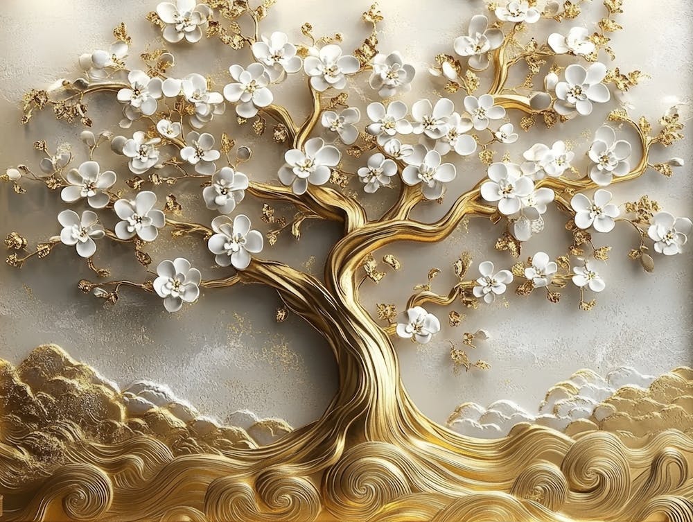 3d Art Golden Tree With White Flowers 3