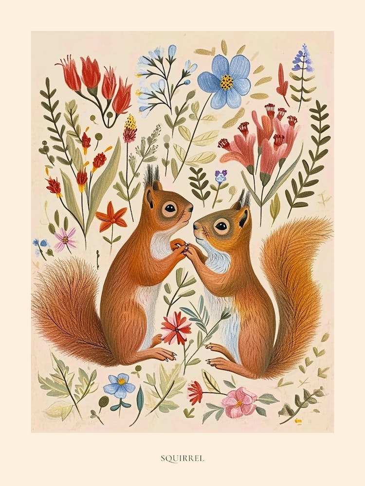 Folksy Floral Animal Drawing Squirrel 2 Poster