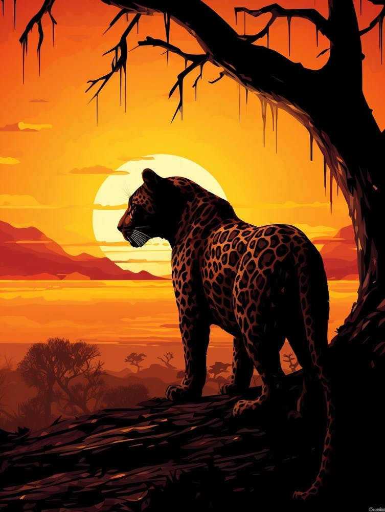 African Leopard Sunset Silhouette Painting 3