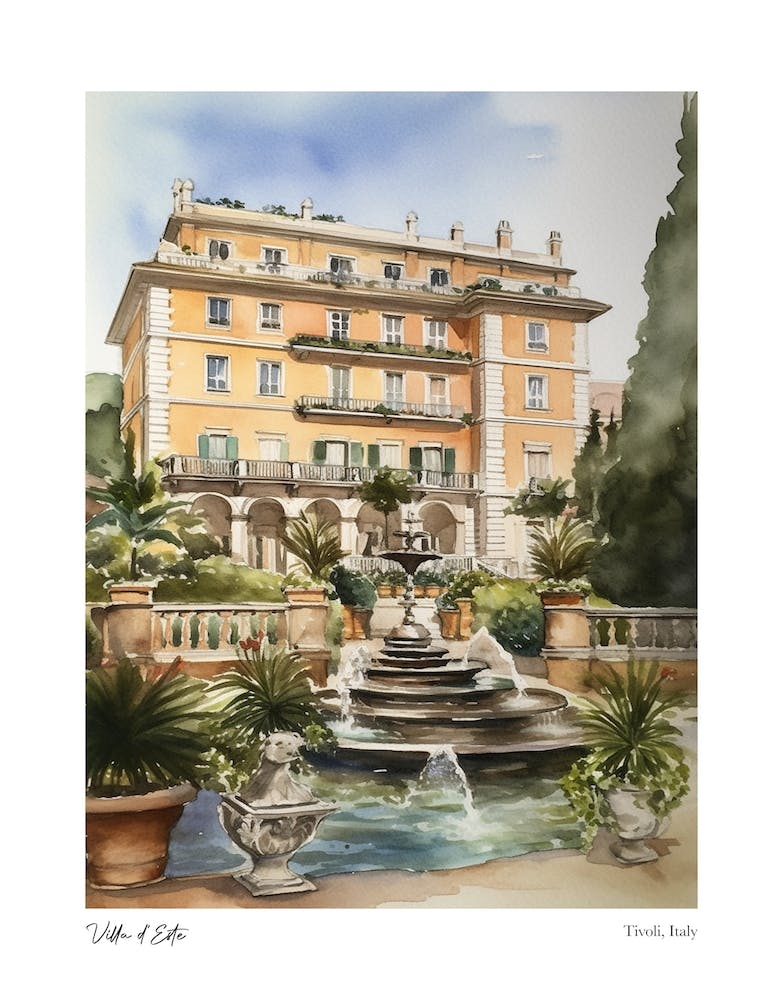 Villa D'Este, Tivoli, Italy 2 Watercolour Travel Poster