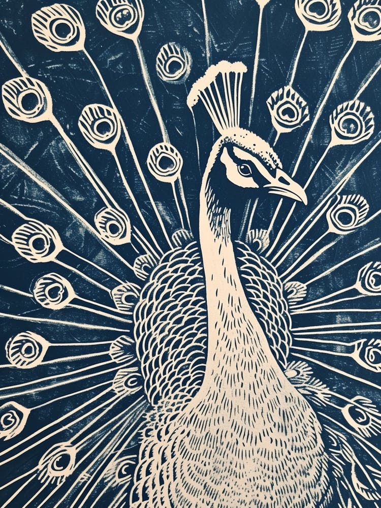 Navy Blue Linocut Inspired Peacock With Feathers Out 1