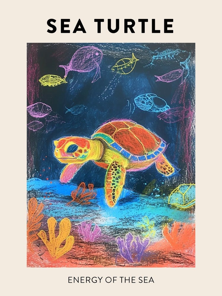 Sea Turtle & Friends At Night In The Ocean Poster