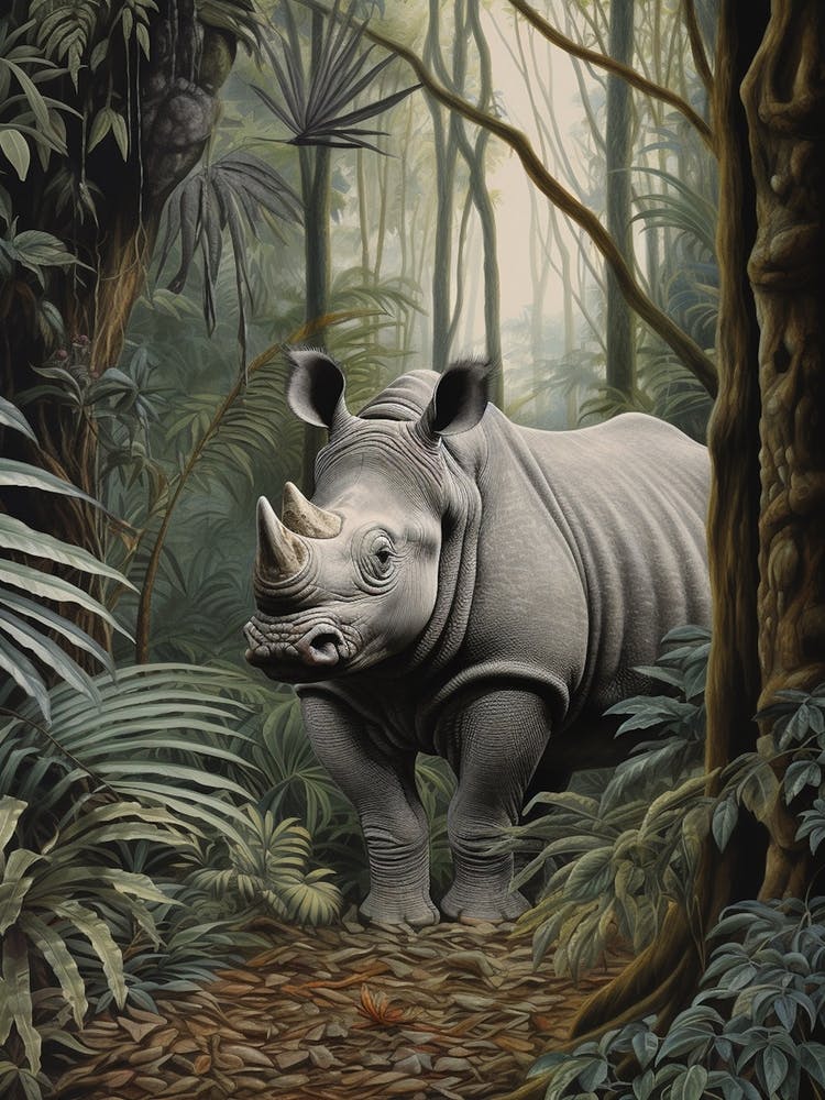 Rhino In The Green Leaves Realistic Illustration 3