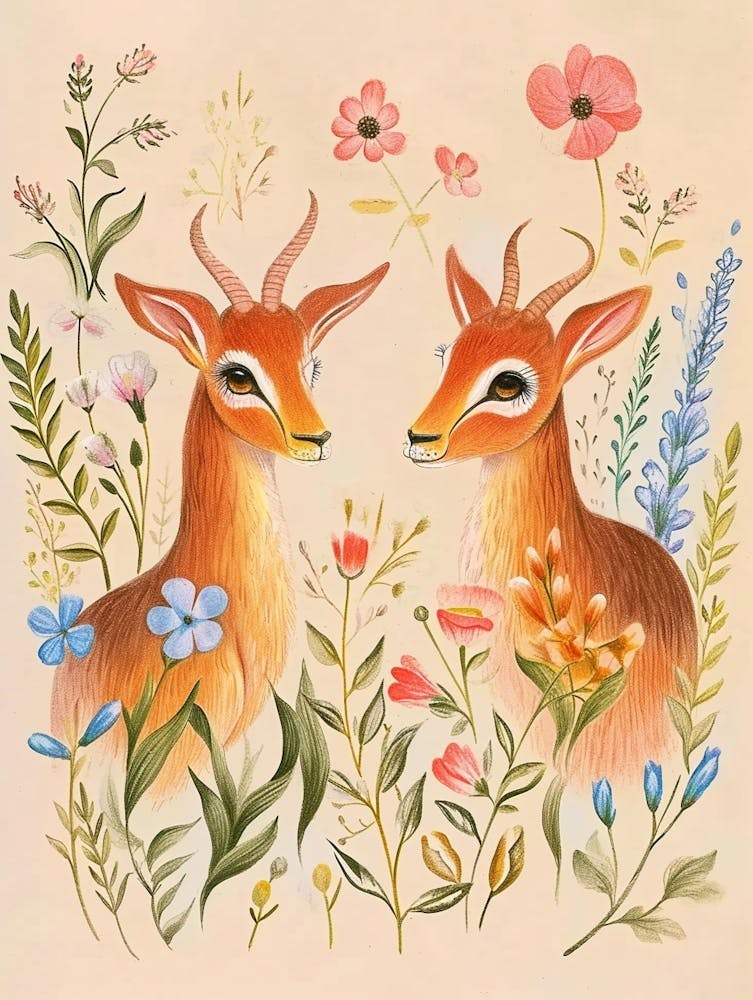 Folksy Floral Animal Drawing Antelope