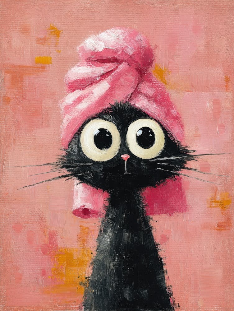 Black Cat With Pink Towel