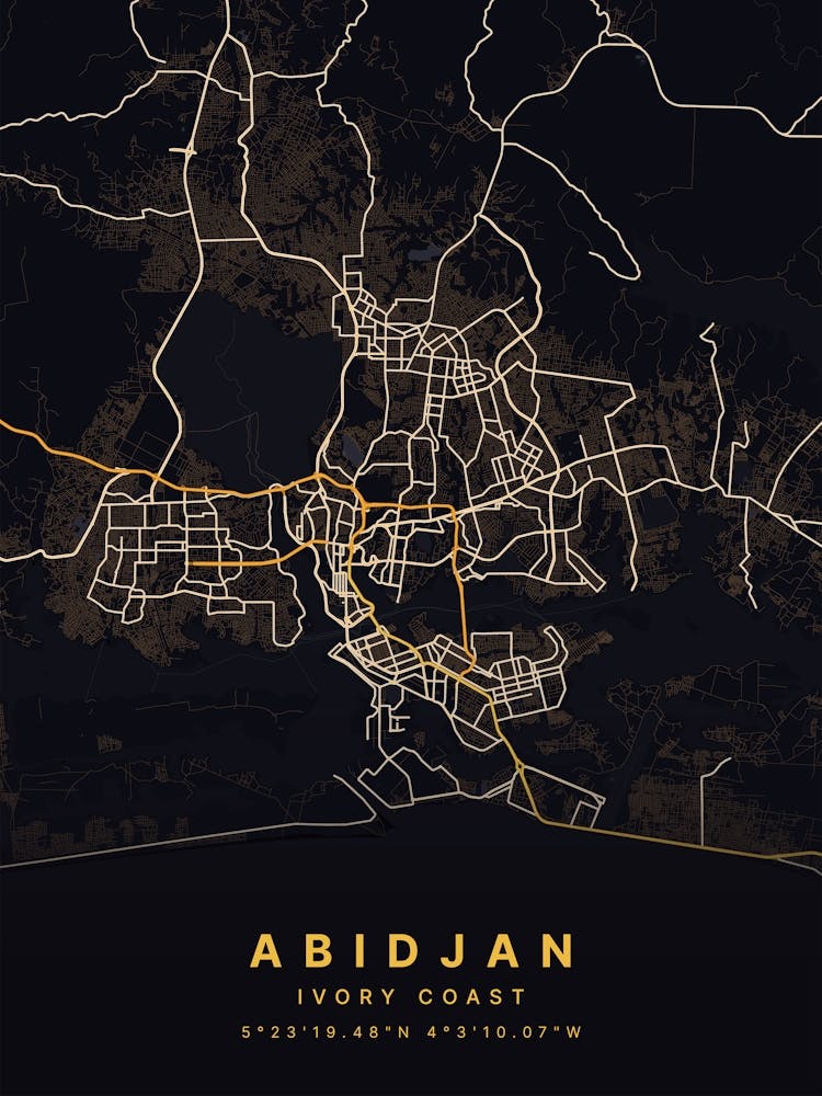 Abidjan Ivory Coast Black And Gold Map