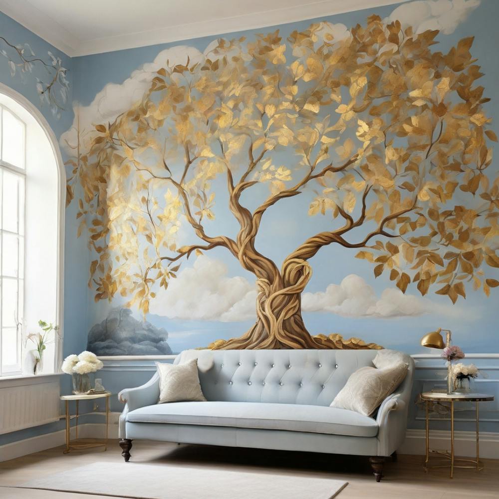 Golden leaves with blue background