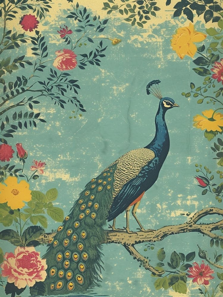 Vintage Blue Peacock Wallpaper Style 1