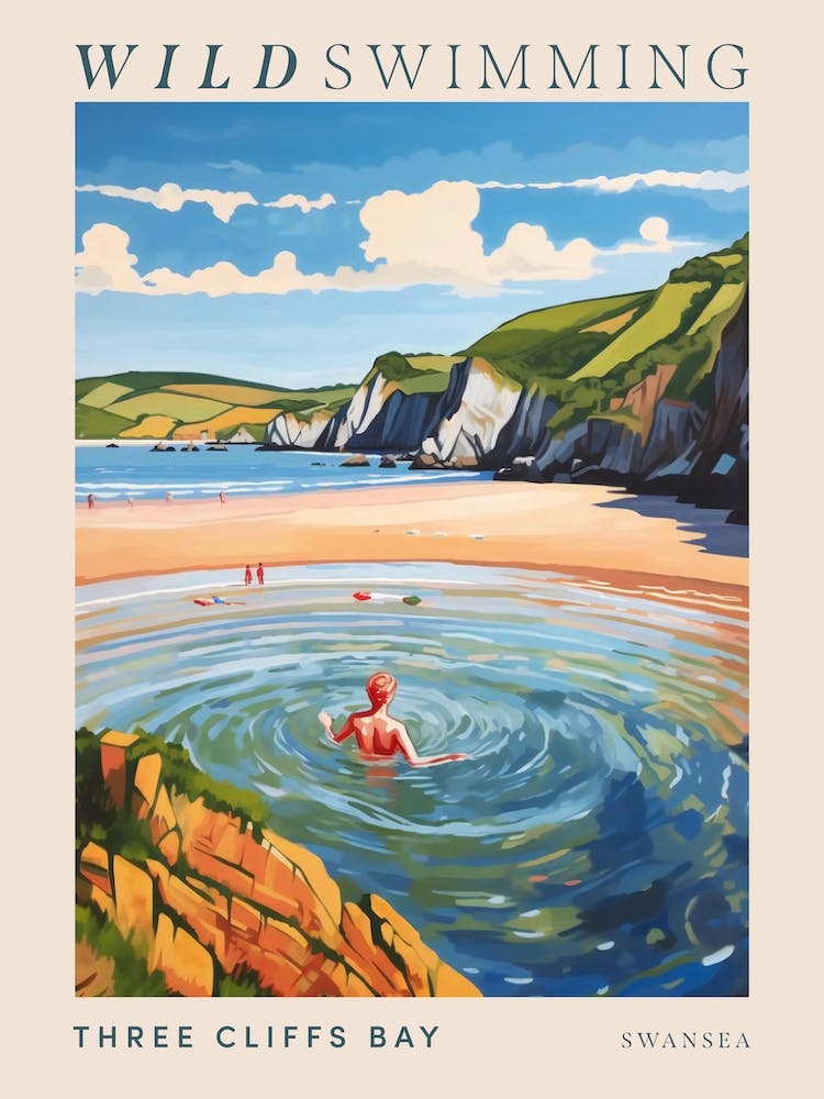 Wild Swimming At Three Cliffs Bay Swansea 1 Poster