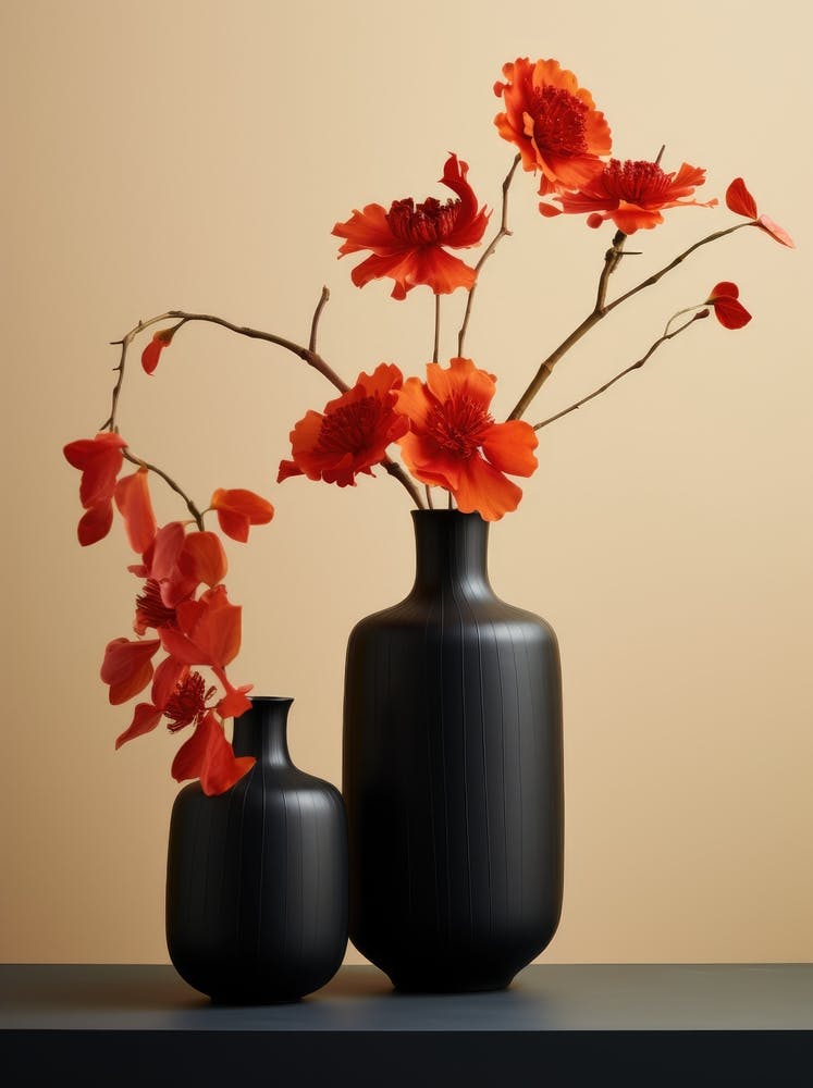 Two Black Vases With Red Flowers