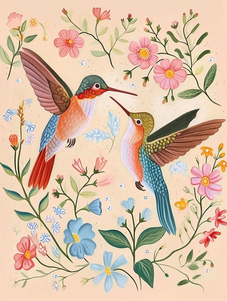 Folksy Floral Animal Drawing Hummingbird