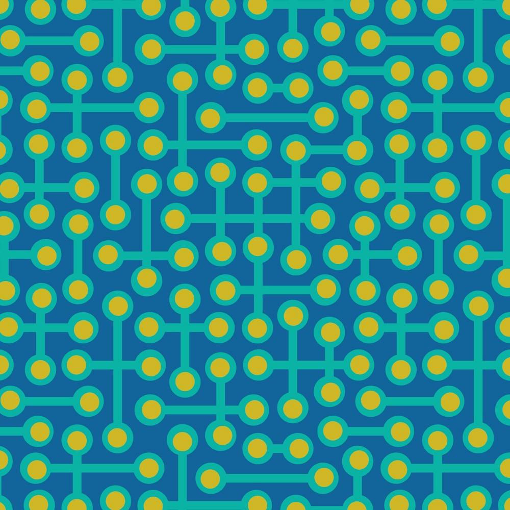 CIRCUITS Retro 1970s Mid Century Abstract Geometric Groovy Polka Dot in Vintage Turquoise and Yellow on Royal Blue