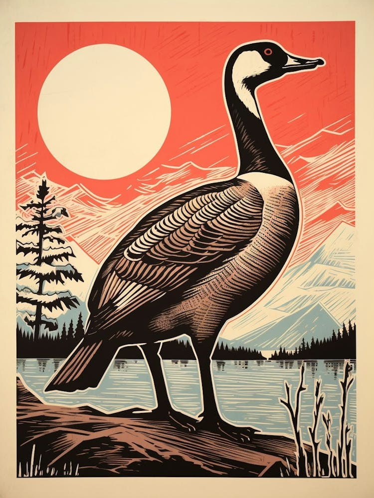 Vintage Bird Linocut Canada Goose 1
