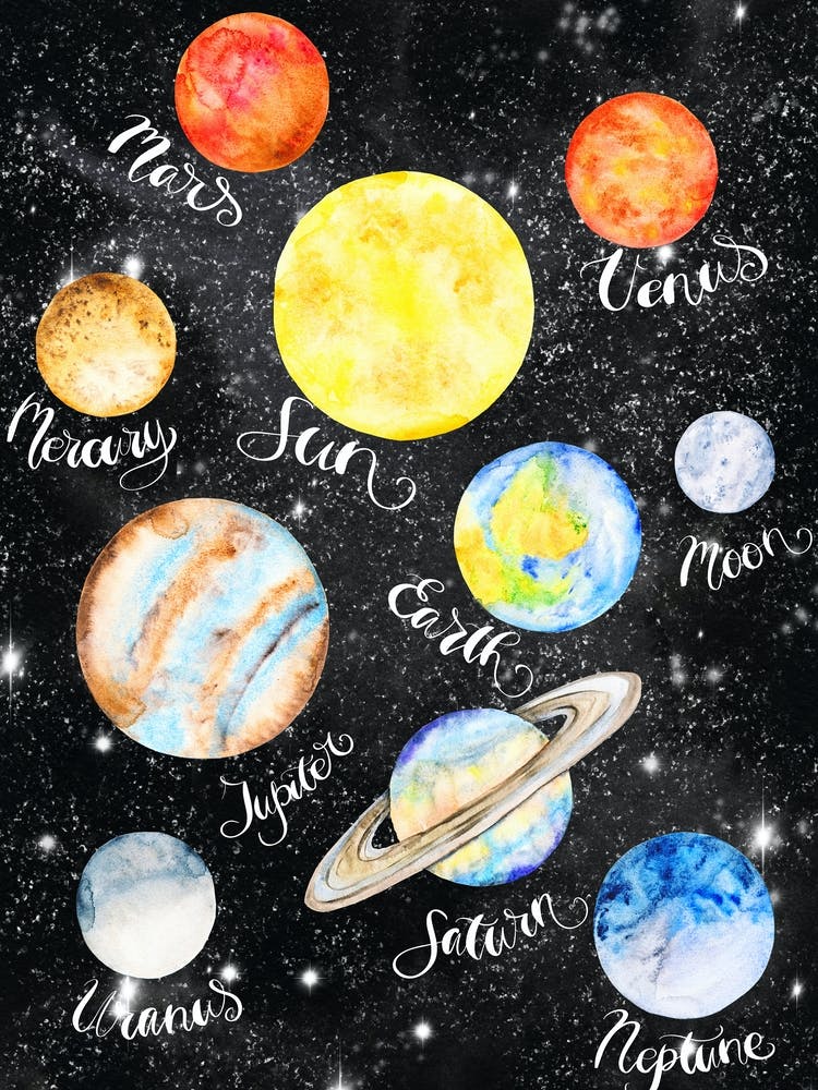 Watercolor Planets Canvas Print — Space Neon Watercolor #19