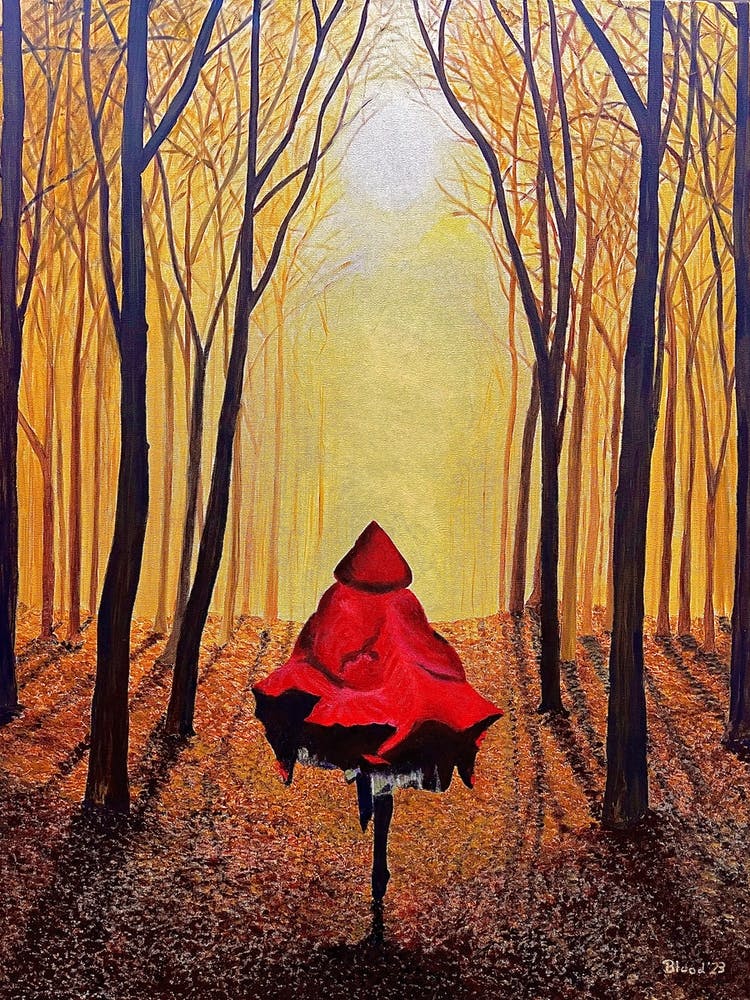 Woman In Red Cape Running Into Woods Golden Sky