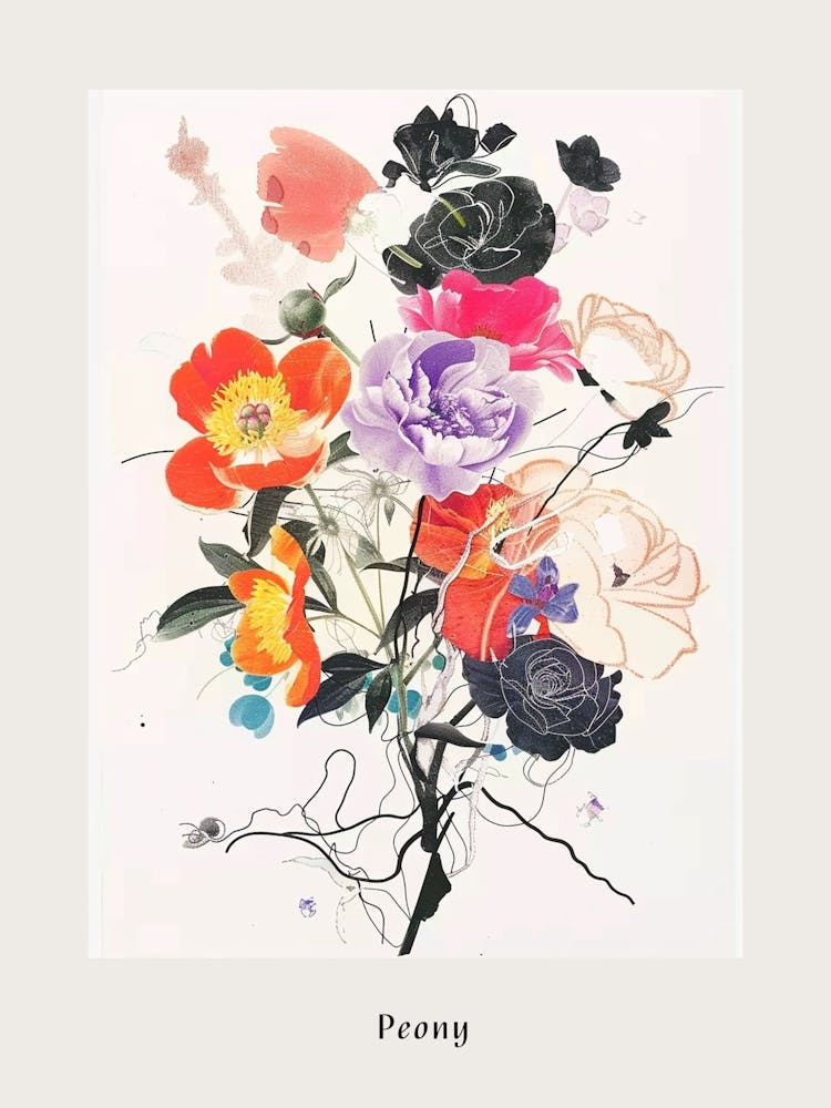 Peony 2 Collage Flower Bouquet Poster