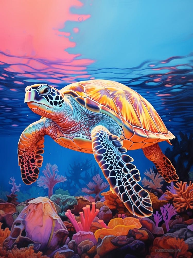 Vivid Sea Turtles In Ocean At Sunset 1